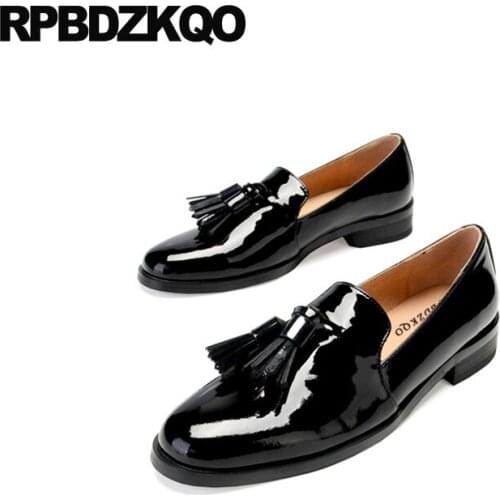 Square toe slip on ladies designer shoes women luxury 2019 chinese latest loafers china female black fringe flats patent leather