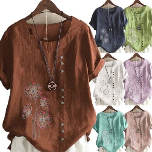 Summer Fashion Womens Dandelion Printed Linen T-shirt Casual Loose Round Neck Short Sleeve Shirt Blouse Tops Plus Size