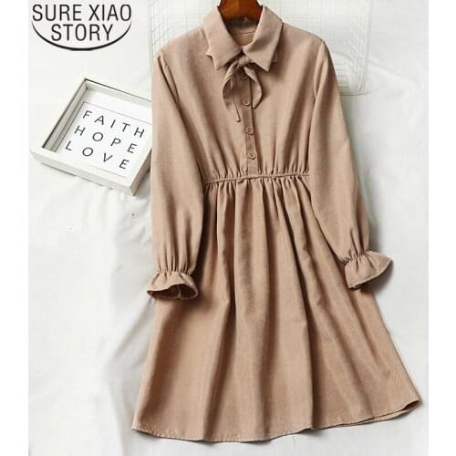 Fashion Bow Dress 2021 Vintage Corduroy Dress Women Button Pullover Dresses Autumn and Winter Polo Collar Female Vestidos 12005