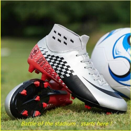 Men Shoe Black Silver Football Boots High Ankle Soccer Women Soft Groud Man Shoes Botas De Futbol Socks Cleats Training Sneakers