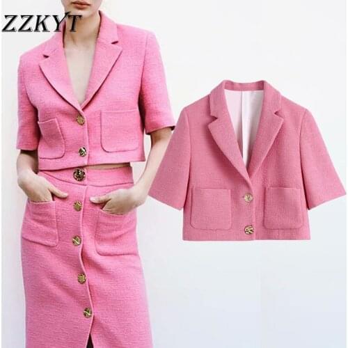 MXTIN 2021 Women Vintage Single Breasted Tweed cropped Jacket Coat Fashion Pockets Outerwear Casual Chic Tops Chaqueta Mujer