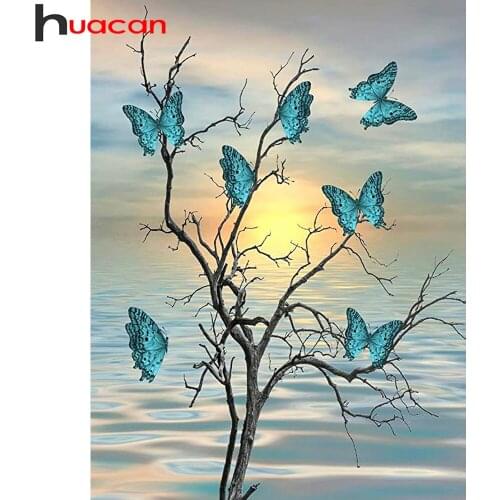Huacan 5D DIY Diamond Art Painting Kits Tree Butterfly Full Diamond Embroidery Sunset Landscape Beaded Pictures Home Decor
