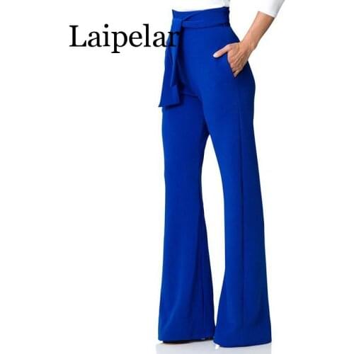2019 New Sexy Stretch High Waist Flare Pants Women Elastic Loose Wide Leg Pants Female Solid Casual Trousers with Pocket