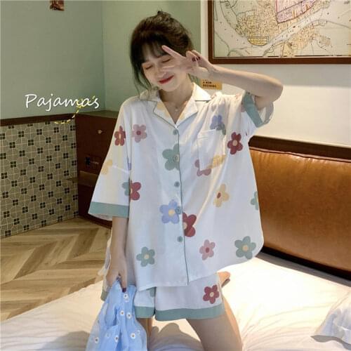 Pajamas Sets Women Sweet Floral Korean Sweet Summer Drawstring Schoolgirls Sleepwear Casual High Waist Fashion Womens Nightwear