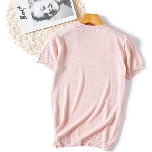 Short Sleeve Pullover Knit Jumper Korean Tops Shiny Lurex 2021 Spring Summer O Neck Mix Color Patchwork Sweater Women Casual