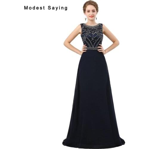 Luxury Navy Blue A-Line Beaded Evening Dresses 2018 with Rhinestone Formal Sheer Back Party Prom Gowns robe de soiree longue