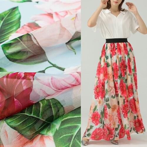 Red Peony Printed Chiffon Fabric For Summer Dress Tissus Au Metre Telas Shabby Chic Tecido Vestido Ткань Au MÈTre Tissu Tela
