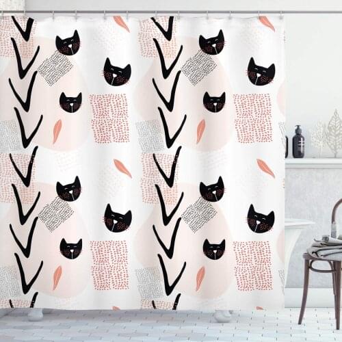 Coral Peach Modern Shower Curtain Cat Faces Dotted Whiskers Kittens Animals Kids Nursery Theme Bathroom Curtain