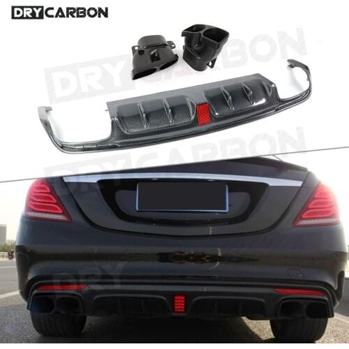 Carbon Fiber Rear Bumper Lip Diffuser Spoiler with Exhaust Muffer Tips For Benz B Style S Class W222 S63 S65 AMG 2013-2019 FRP