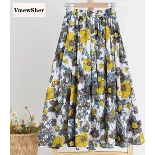 VmewSher New Spring Floral Women Skirts Elastic High Waist Mid-calf Length Long Lady Elegant Flower Print a Line Summer Skirt