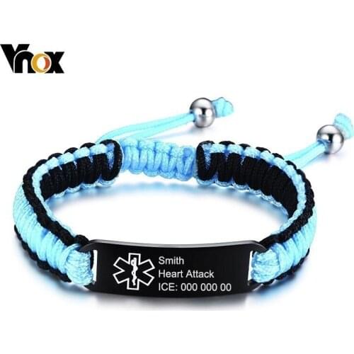 Vnox Free Custom Waterproof Sports Medical Alert ID Bracelets for Men Women Handmade Adjustable Braided Rope Stainless Steel