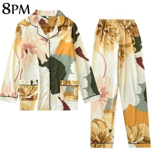 Women 100% Cotton Pajamas Sets Long-Sleeved Trousers Ladies Pajamas Suit Flower Print Style Lovely Home Wear Long pajamas ouc535