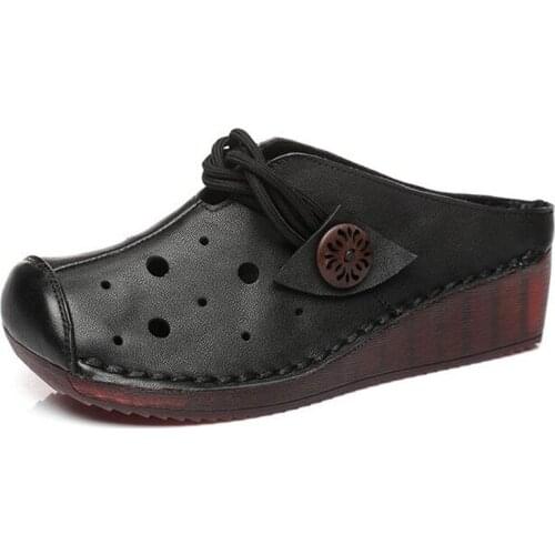 Best Sale 2020 New Summer Top Cowhide Wedge Sandals Fashion Casual Slippers Non-slip Wear Women Sandals Hollow Leather Sandals