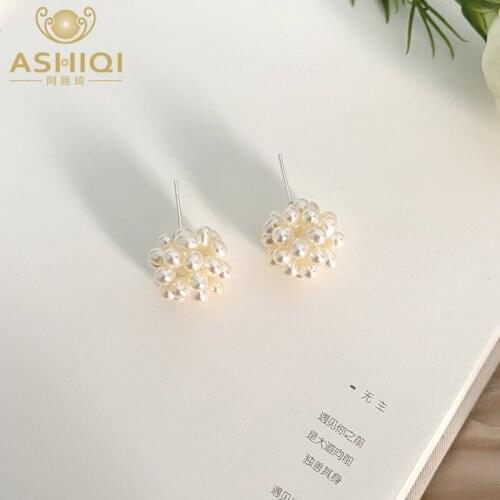 ASHIQI Natural Freshwater Pearl Woven Flower Ball Earrings 925 Sterling Silver Jewelry for Women 2021 New