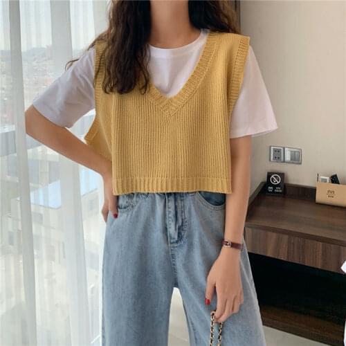Spring Autumn Women V-Neck Knit Sweater Vest Korean Style Loose Short Sweater Vests Female Casual Sleeveless Twist Knit Pullover