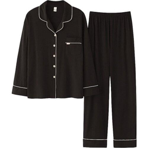 Winter 100% Cotton Pajamas Set Black Candy Color Fashion Long Sleeve Button Shirt Sleepwear Pants Big Size Man Casual Homewear