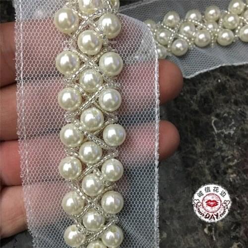 2yards White Pearl Beaded Lace Trim Mesh Lace Fabric Clothing Accessories Collar DIY Handmade Beading Lace Trim Sewing Material