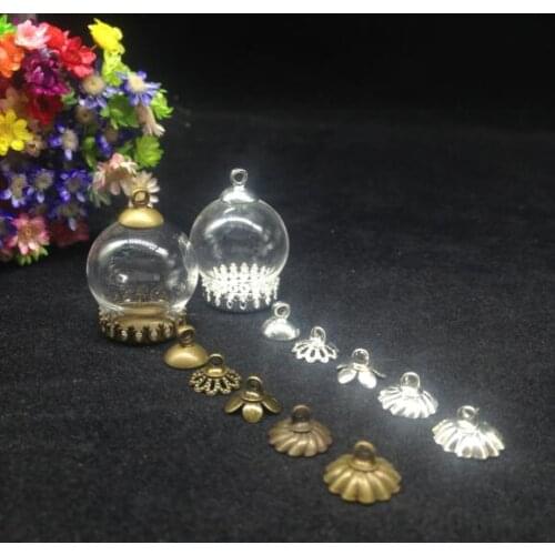 300sets/lot 20*15mm clear glass vial pendant with crown base 8mm cap glass cover dome necklace wishing bottle jars diy cute gift
