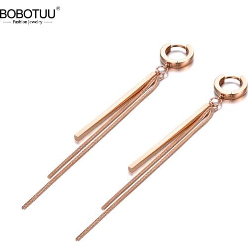 BOBOTUU Simple Rose Gold Long Strip & Chain Tassel Earrings For Women Girls Titanium Steel Bohemia Party Hoop Earrings BE19228