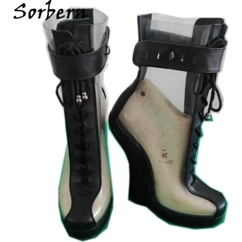 Sorbern Black Matt Cow Leather Boots Women Ankle High Lace Up Heelless Platform Shoes Round Toe Fetish Shoes Handmade Booties