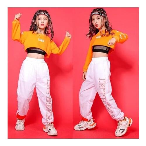 Children Hip Hop Clothing orange Sweatshirt Top Crop Casual Pants Girl Kid Jazz Dance Wear Costume Ballroom Dancing Clothes