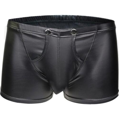Hot Sales Sexy Open Bulge Pouch Men\s Boxers Underwear Faux Leather Shorts Underpants