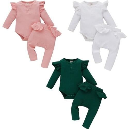 0-12M Newborn Baby Girl Solid Color Long Sleeve Cotton Bodysuit Tops Long Pant Trouser 2PCS Autumn Clothes Set