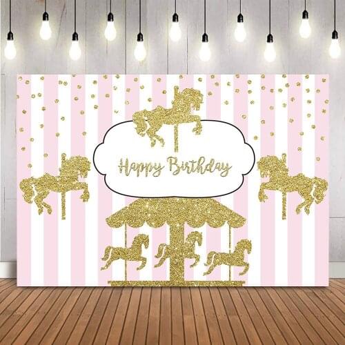 Carousel Birthday Backdrop amusement park glitter happy birthday party decoration banner white and pink stripes photoshoot props