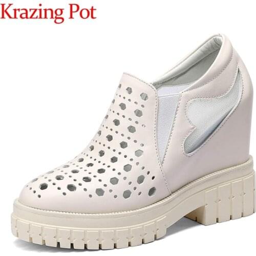 Krazing Pot genuine leather round toe extreme high heel platform casual breathable hollow out daily wear slip on women pumps L55