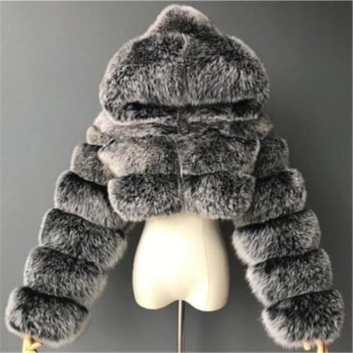 2020 New Winter Warm Fluffy Faux Fur Coats Jackets Women High Quality Fake Fur Cropped Jackets with Hooded Winter Fur Jacket 952