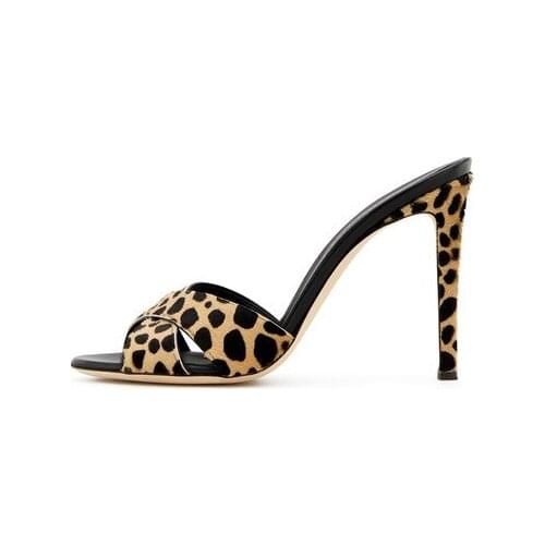 Summer Leopard Leather Sexy Pantufa Thin High Heels Leather Party Wedding Sandals For Women Mules Strappy Slides Big Us Size 14