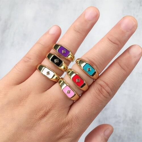 MOFLO Fashion Chunky Gold Plated Star Insert Micro Zircon Open Ring Rainbow Color Adjustable Zircon Enamel Ring For Women Girl