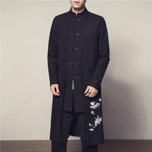 Men Long Jackets 2021 Spring Mens Printed Linen Trench Coat Male Chinese Style Fake 2 Pieces Cardigan Kimono Windbreaker M-5XL