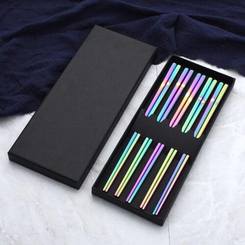 5Pair Stainless Steel Solid Flat Adult Chopsticks Set Sushi Chop Sticks Portable Dinnerware Korean Tableware