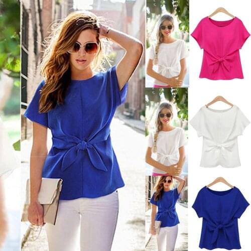 New Fashion Women Tops Summer Office Ladies Chiffon Short Sleeve Bowknot Blouse Casual Shirts