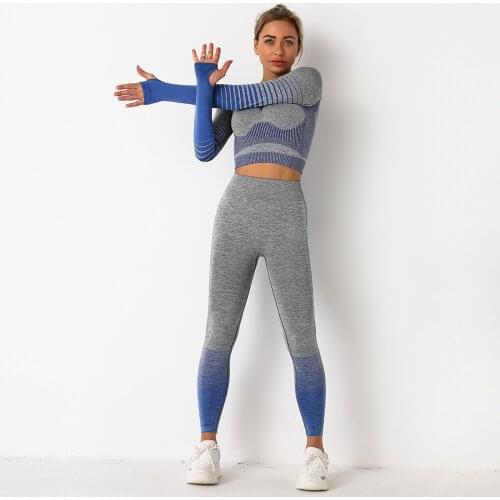 New High Waist Seamless Yoga Set Women 2 Pieces Sports Set Jogging Fitness Workout Set Long Sleeve Top Gym Leggings Yoga Clothes