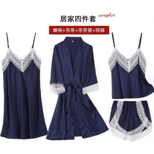 FZSLCYIYI Sexy Lace Trim Satin Pajamas 4/2Pcs Sleepwear Silk Half Sleeve Homewear Sleep Lounge Pyjama