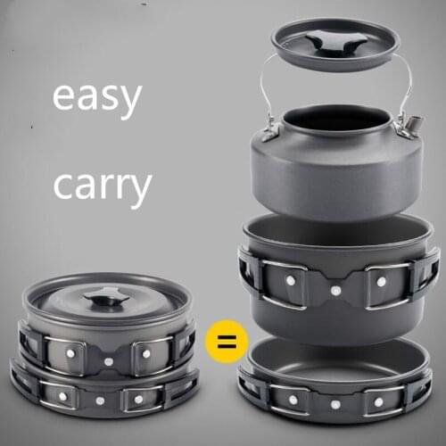 Camping cookware Outdoor camping pot set 1-3 people cookware teapot frying pan stove combo send tableware pans frying set