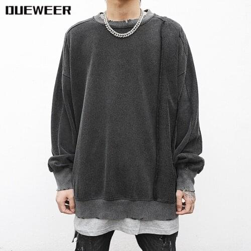 Dueweer Retro Distressed Pullover Sweatshirt Hip Hop Side Open Hipster Streetwear Hoodies Men Top Harajuku Oversized Sweatshirts