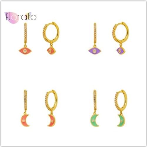 925 Sterling Silver Moon Hoop Earrings Evil Eye Earrings Cute Candy Color Enamel Drop Earrings Gold Color Fashion Jewelry Gifts