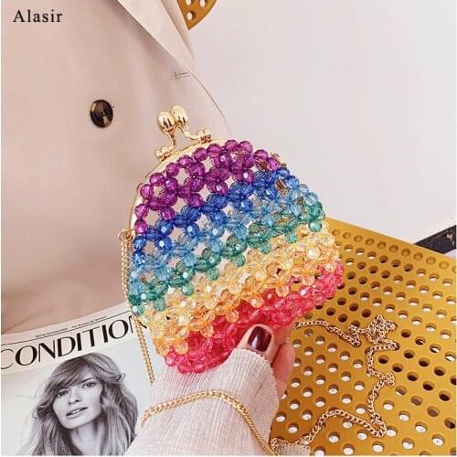 Alasir 2020 New Colorful Transparent Beading Bag Summer Fashion Beaded Pearl HandBag Popular Clip Female Small Shoulder Bag
