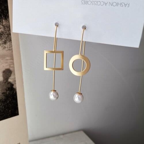 Timlee E135 New Personality Geometry Round Square Imitation Pearl Asymmetry Alloy Drop Earrings,Temperament Jewelry Wholesale