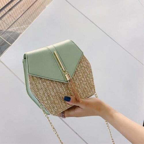 Summer Hexagon Straw Shoulder Bag Women Handmade Weaving Crossbody Bag Tassel Patchwork Messenger Handbag Beach Bag Bolso sac