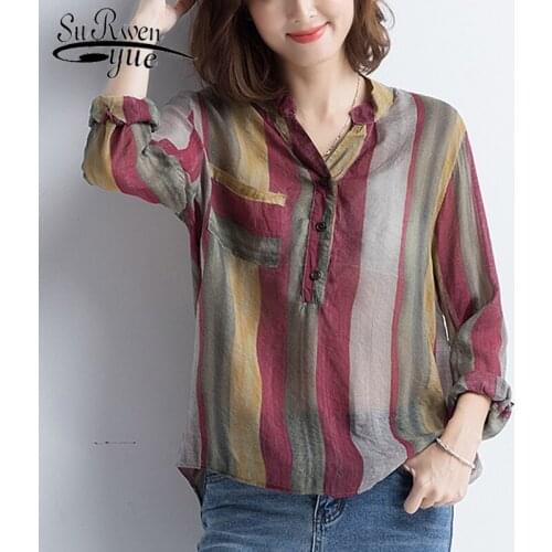 Long Sleeve Women Blouses Plus Size 4XL 2021 Autumn New Fashion Vintage Loose Women Shirts Stripe Shirts Plaid Shirts 6439 50