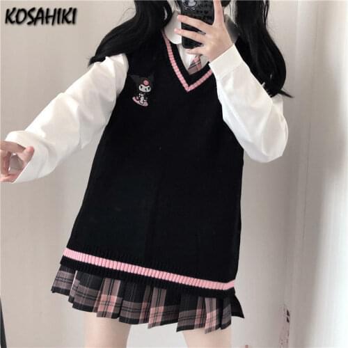 KOSAHIKI Sleeveless Vest Knitted Sweater Japanese Kawaii Embroidery Jumper Women Autumn Sweet Girl Jk Waistcoats Femme