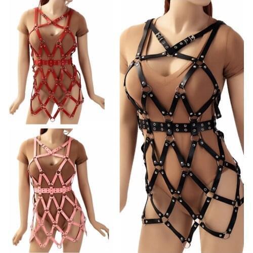 Sexy Punk Leather Body Harness Cross Straps Grid Dress Hollow Out Patchwork Women Cage Short Skirts Bdsm Outfit Pole Dancing