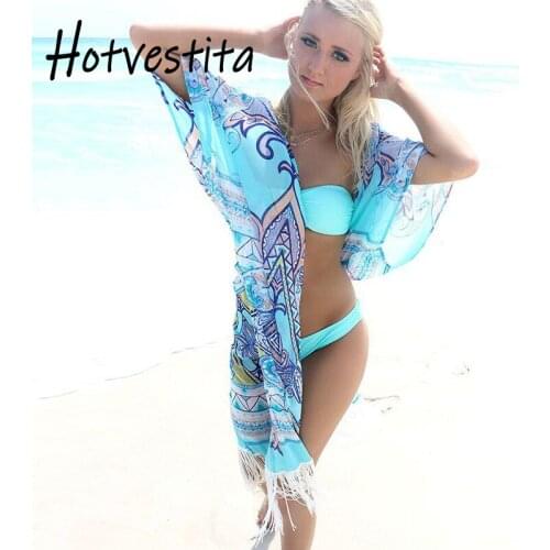 Hotvestita Beach Dress Women Sexy Chiffon Print Tassels Summer Robes Kaftan Beach Cover Up Sunscreen Cardigan Bikini Sarong Veil