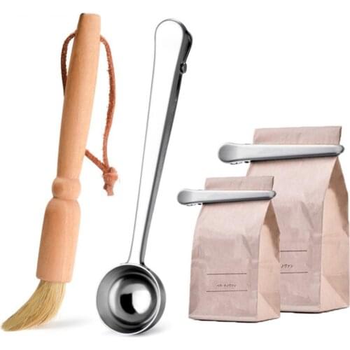 40%HOT4Pcs Coffee Grinder Cleaning Brush Stainless Steel Spoon Sealing Clips Tool Set