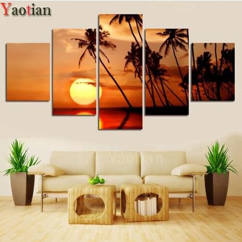5D Diy Diamond Painting 5 Pieces Sunset Beach Palm Trees Scene Full Square Round Diamond Mosaic Cross Stitch Diamond Embroidery