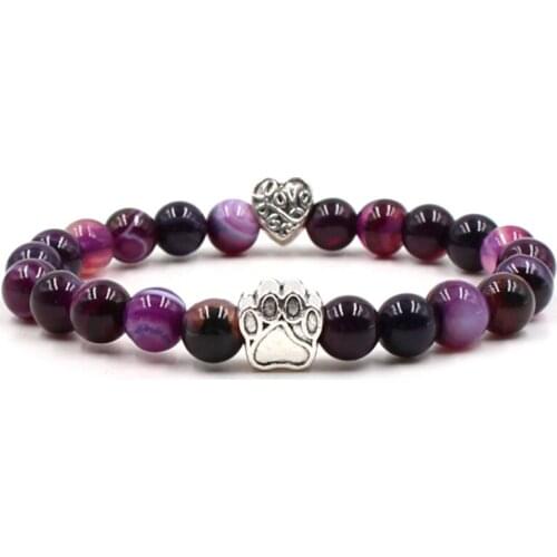 10 Colors 8mm Stripe Stone Beads Bracelets Dog Cat Footprint Paw Charms Bracelet Love Letter Heart Pet Lover Strench Jewelry